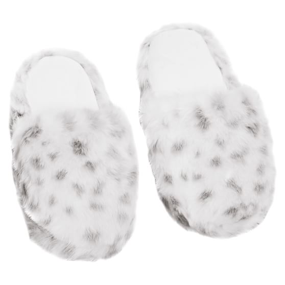 Furry Slippers, Medium, Gray Leopard