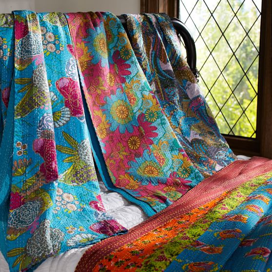 Kantha Cloth Coverlet Quilt, 60x80, Cool