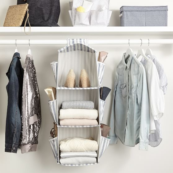 Hanging Closet Organizer W/ Shoe Pockets, Blue Ticking Stripe PBteen