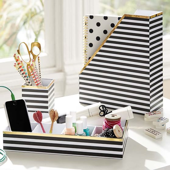 Printed Desk Accessories Black/White Stripe With Gold Trim PBteen