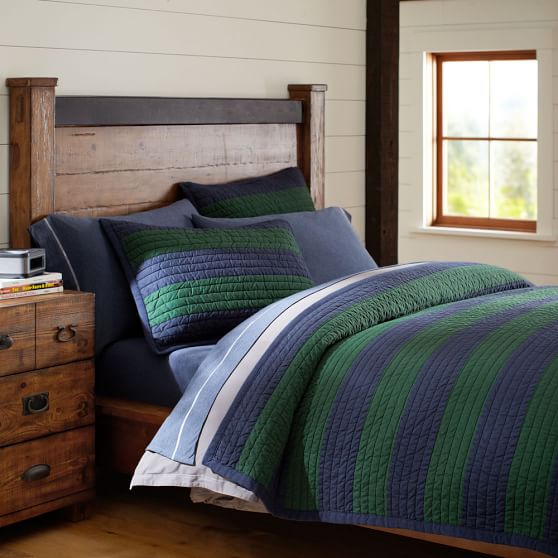Rugby Stripe Quilt + Sham, Navy/Green PBteen