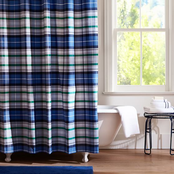 Portsmith Plaid Shower Curtain, Navy PBteen