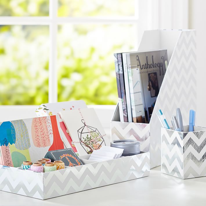 Printed Paper Desk Accessories Set Metallic Silver Foil Chevron Printed Paper Desk Accessories Set Metallic Silver Foil Chevron Pbteen