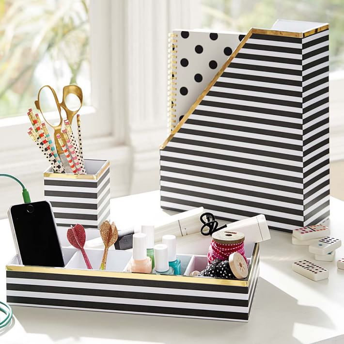 printed desk accessories black white stripe with gold trim pbteen