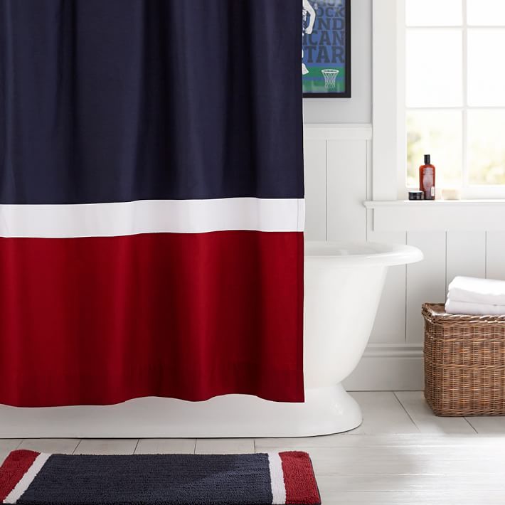 Color Block Shower Curtain, Navy/Red | PBteen Color Block Shower Curtain, Navy/Red | PBteen