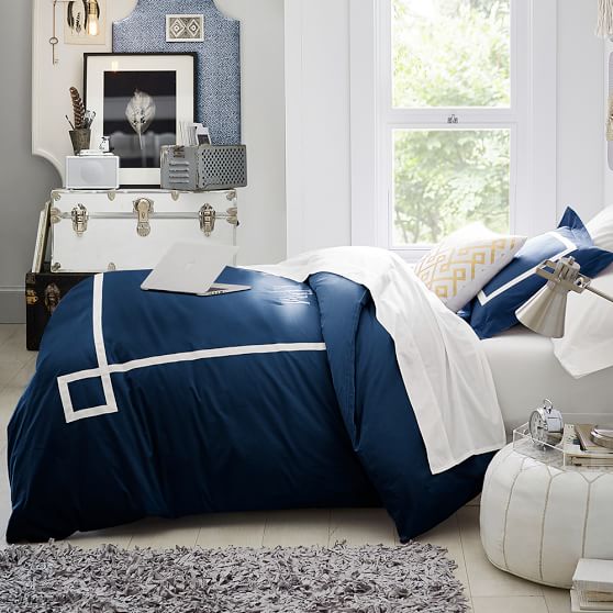 White Duvet With Navy Trim Home Decorating Ideas Interior Design