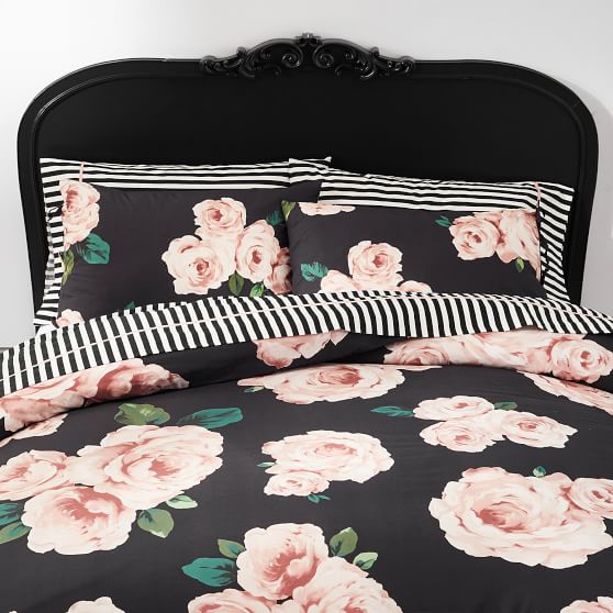 The Emily & Meritt Bed Of Roses Duvet Cover + Sham Black & Blush PBteen