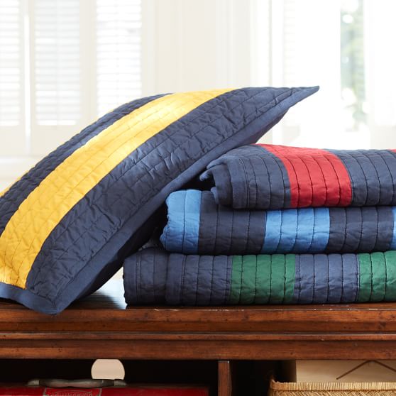 Rugby Stripe Quilt + Sham, Navy/Green PBteen