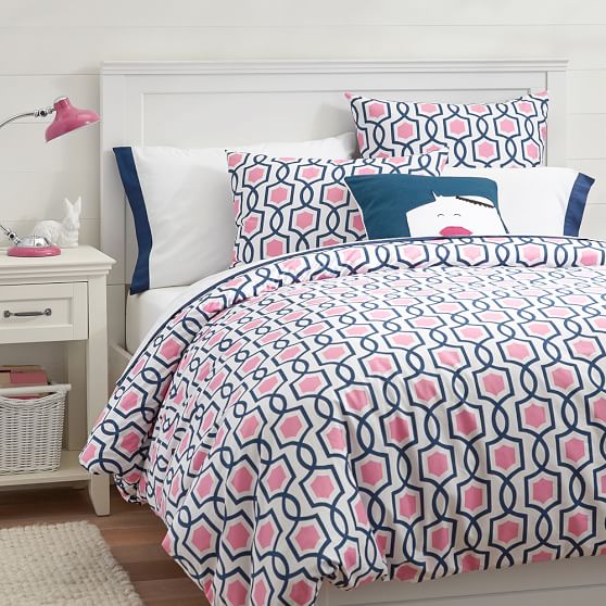 Trellis Twist Duvet Cover + Sham, Bright Pink/Royal Navy PBteen