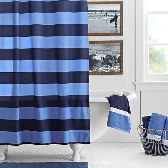 Rugby Stripe Shower Curtain, Navy/Blue PBteen
