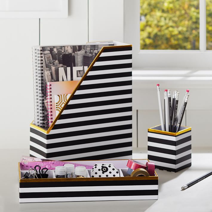 Printed Desk Accessories Black White Stripe With Gold Trim Pb
