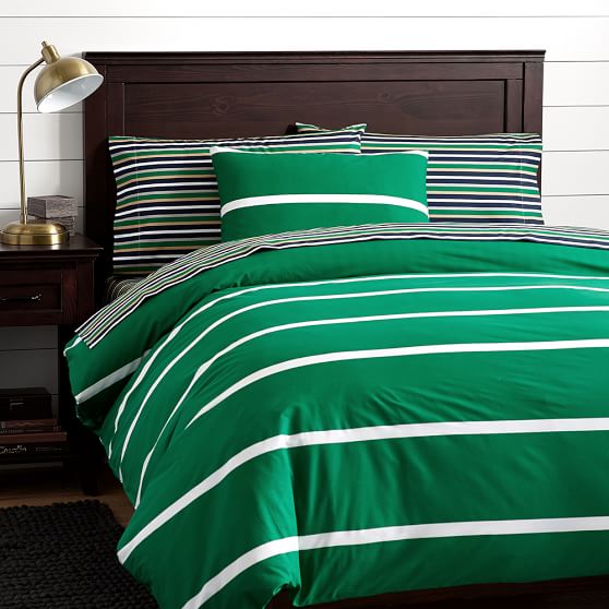 Green Boathouse Stripe Teen Duvet Cover + Sham Pottery Barn Teen
