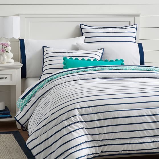 Royal Navy Market Stripe Teen Comforter + Sham Pottery Barn Teen
