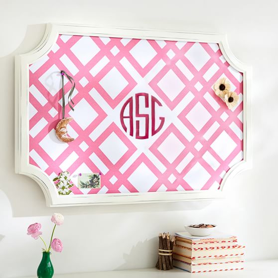 Scallop Framed Monogram Pinboard, Ribbon Geo, Bright Pink Wall Organizers Pottery Barn Teen