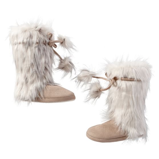 Snow Cat PomPom Tie FauxFur Bootie Slippers Pottery Barn Teen