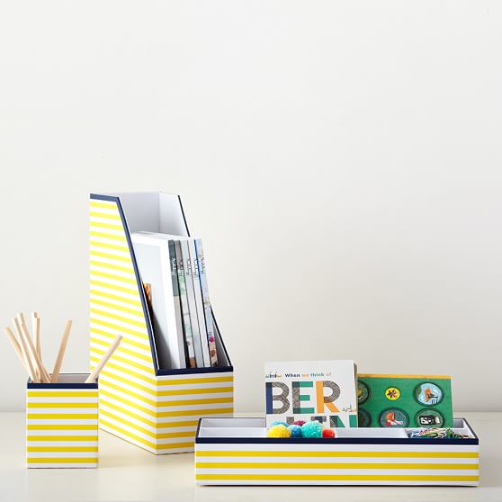 Printed Paper Desk Accessories Set Yellow Stripe With Navy Trim