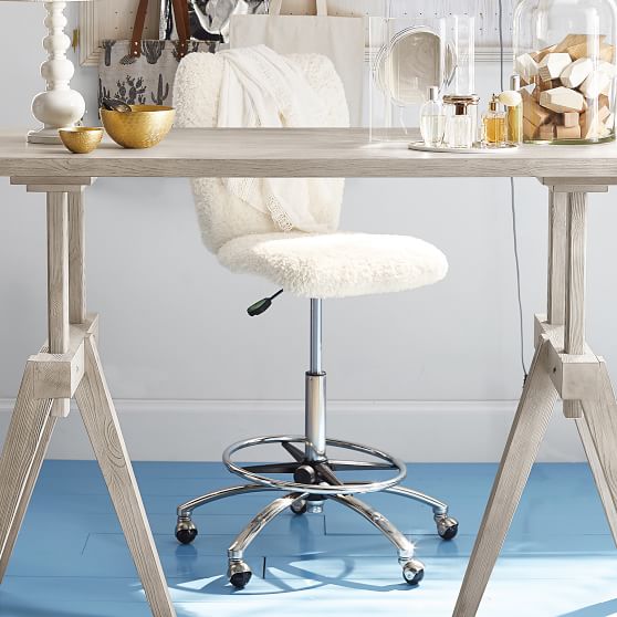 Tall Ivory Sherpa Faux Fur Airgo Arm Armless Chair Desk