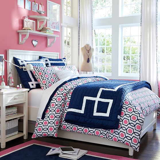 Pink Navy Trellis Twist Teen Duvet Cover Sham Pottery Barn Teen