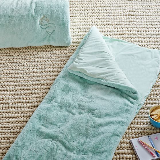 Pastel Bunny Faux Fur Girls Sleeping Bag Dark Mint Pottery