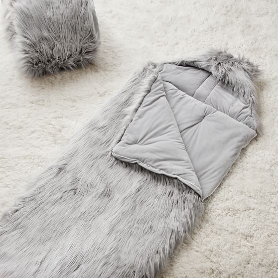 Himalayan Gray Faux Fur Furrific Hooded Girls Sleeping Bag