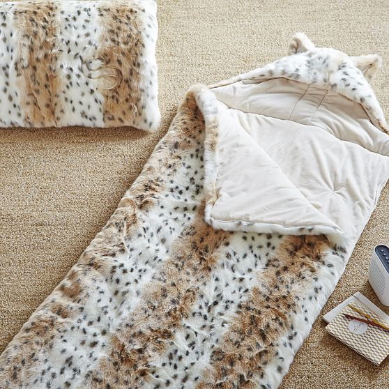 Faux Fur Girls Sleeping Bag With Hood Snow Leopard Pottery