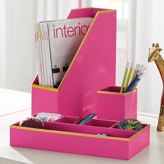 Printed Paper Desk Accessories Set Solid Pink With Gold Trim
