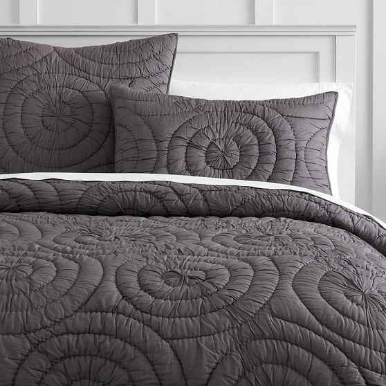 Pottery Barn Teen Blue Grayish Hue Meadow Blooms Stitch Full Queen Quilt 2 Shams