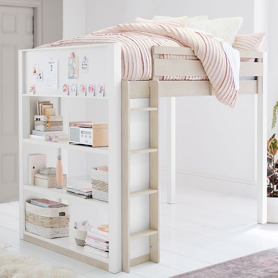 white bunk beds with shelves